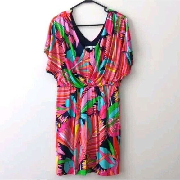 Trina Turk Palm Tropical Stretch Jersey V-Neck Knee Length‎ Retro Dress 4 - Picture 1 of 6